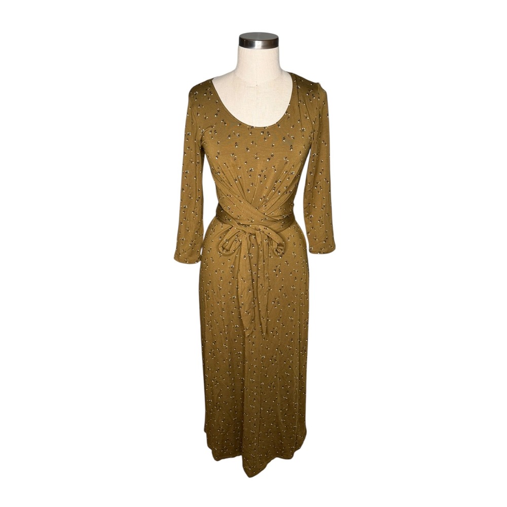 GARNET HILL Ballet Wrap Knit Midi Dress Olive Green Women's Size XS Dainty Flora